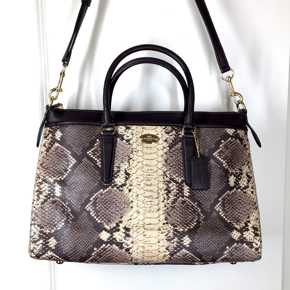 New Coach Snake Skin Style Brown Cream Large Shoulder bag handbag gold metal